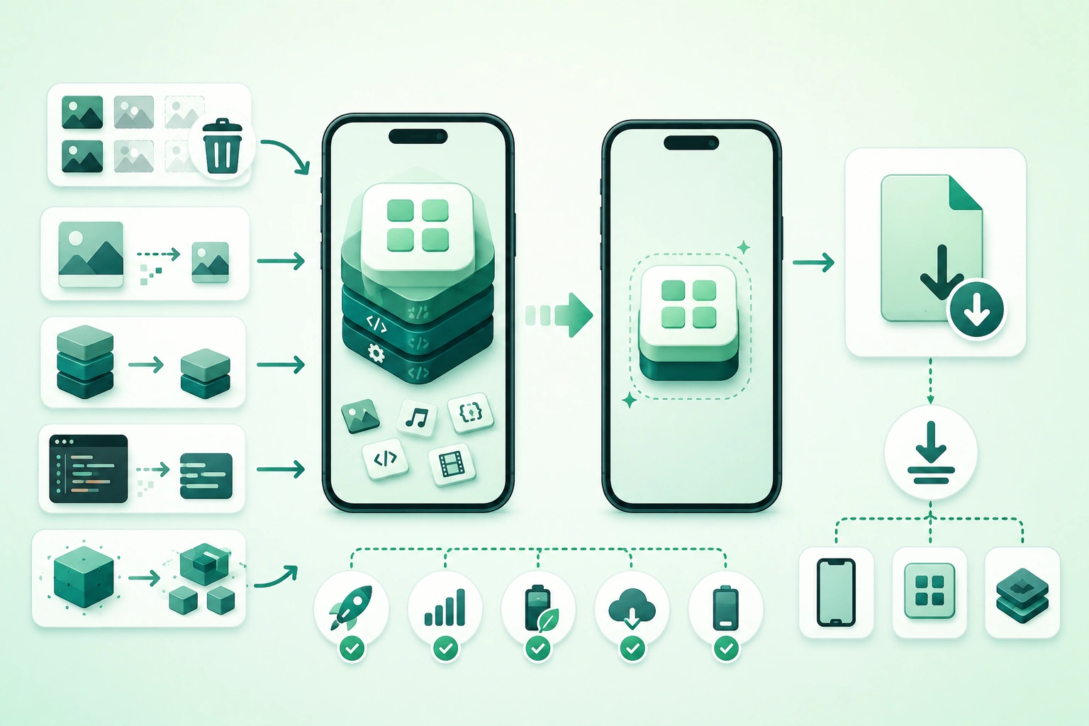 Diagram-style illustration of mobile app size optimization showing source code, dependencies, images, fonts, native libraries and localization passing through Android and iOS build optimization, app thinning, resource shrinking and device-specific delivery to produce smaller downloads and installations
