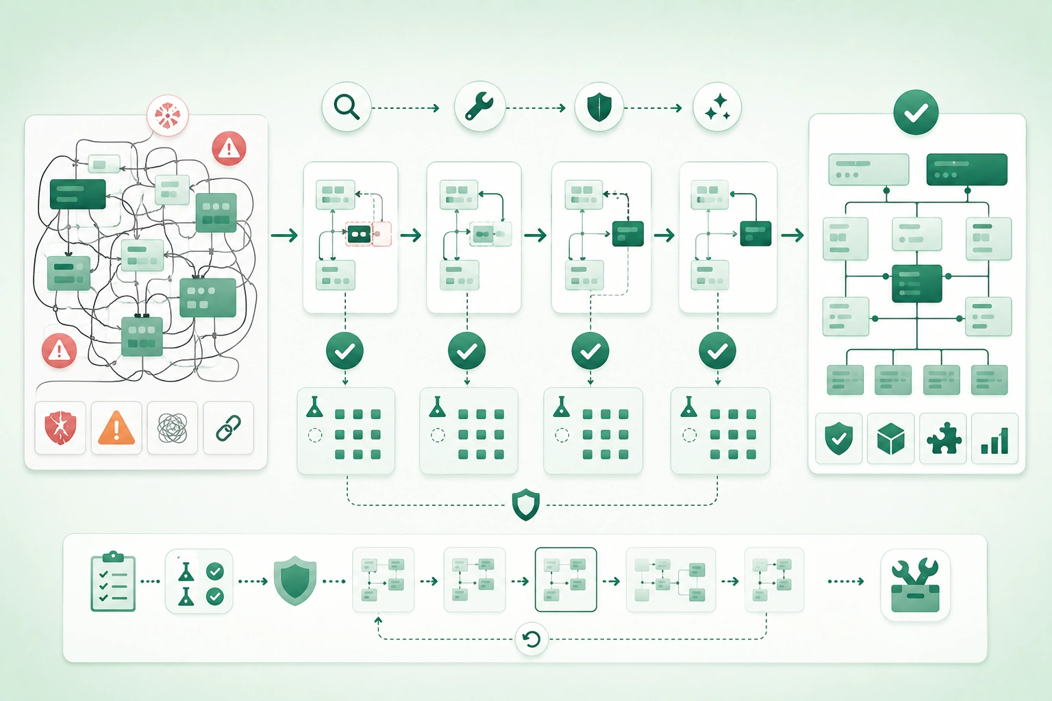 Diagram-style illustration of safe legacy code refactoring showing characterization tests, small reversible changes, dependency seams, test scaffolding, extraction, regression checks, code review, rollback, and incremental improvement