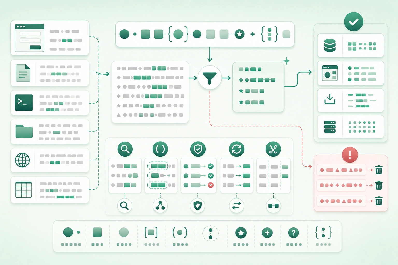 Diagram-style illustration of practical regular expressions showing input text, regex tokens, literals, character classes, anchors, quantifiers, groups, alternation, capture groups, validation, extraction, replacement, debugging, and performance checks