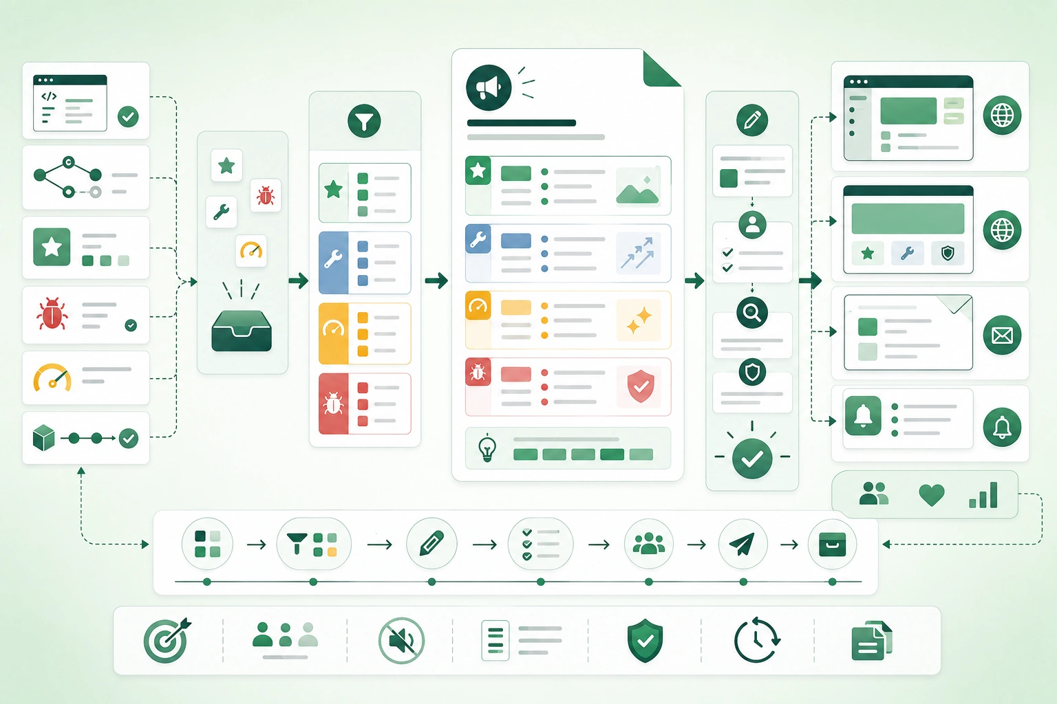 Diagram-style illustration of a software release notes workflow showing code changes, pull requests, user impact, change classification, screenshots, migration instructions, review, publishing, notifications, feedback, and documentation updates