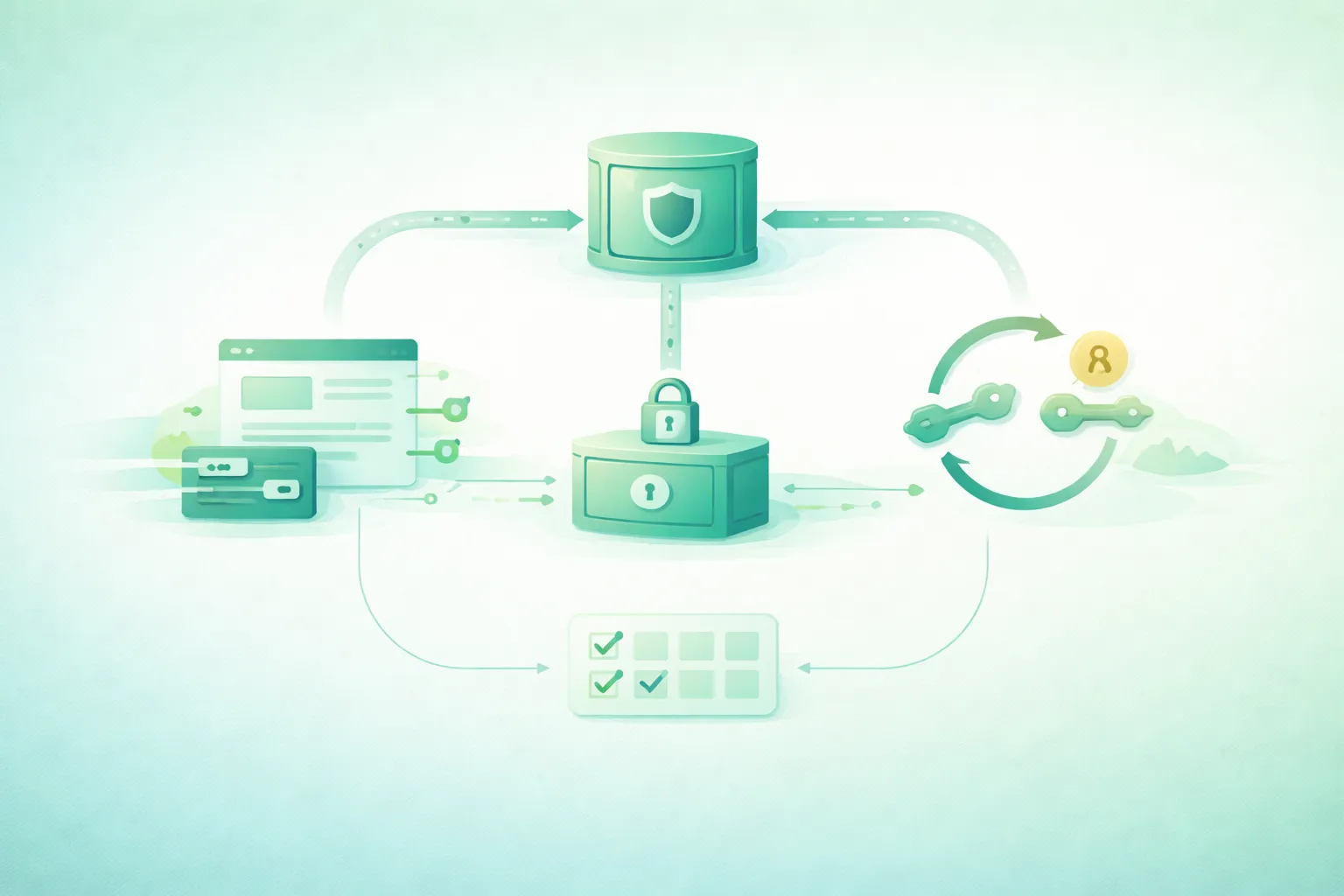 Diagram-style illustration of secrets management for a small application stack showing environment variables, a centralized secret vault, application identities, runtime secret injection, least-privilege access, encrypted storage, audit logs, versioned credentials, automated rotation, revocation, and zero-downtime credential overlap