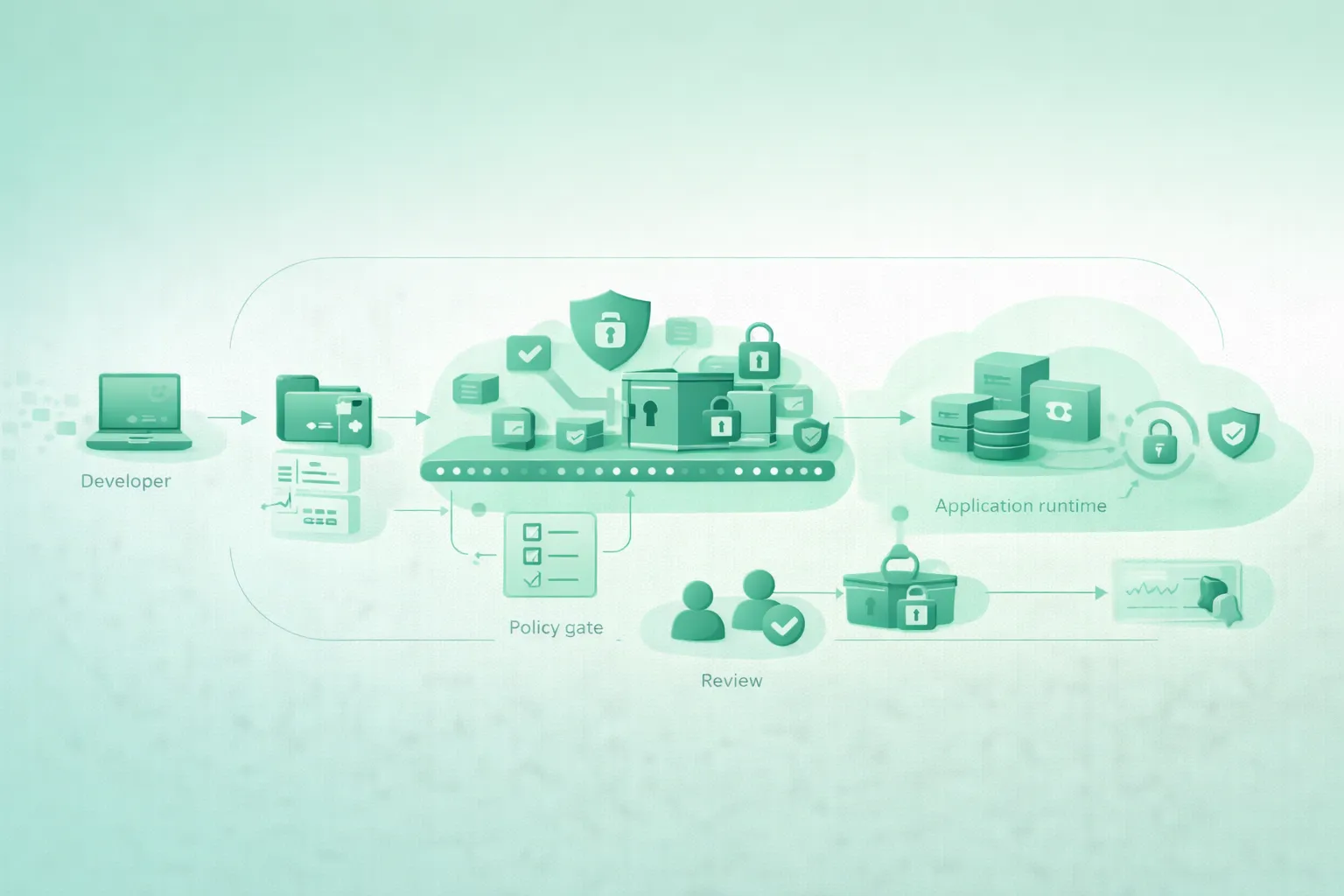 Diagram-style illustration of a secure secrets workflow for a small software project, including local development, source control, CI/CD, a secret manager, restricted runtime access, rotation, and leak response