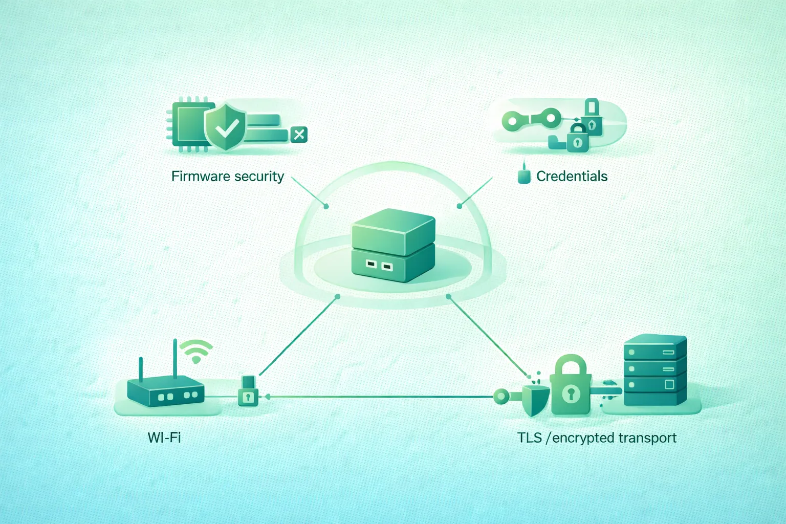 Diagram-style illustration of IoT device security showing secure boot, signed firmware updates, unique device identities, protected credential storage, TLS communication, certificate validation, least-privilege backend authorization, credential rotation, monitoring, incident response, and secure device decommissioning