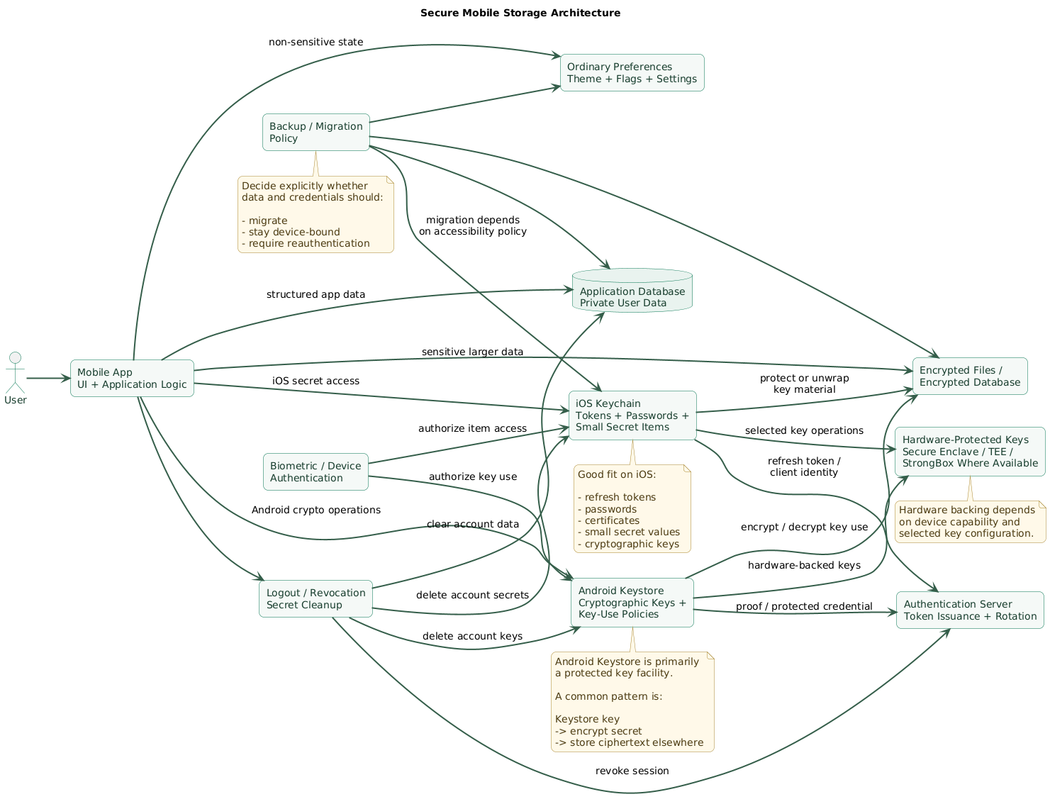 Secure mobile storage architecture showing user interface and application logic separated from ordinary preferences, application database, secure credential storage, hardware-backed cryptographic keys, encrypted data, authentication server, biometric authorization, backups, and lifecycle operations such as rotation and logout