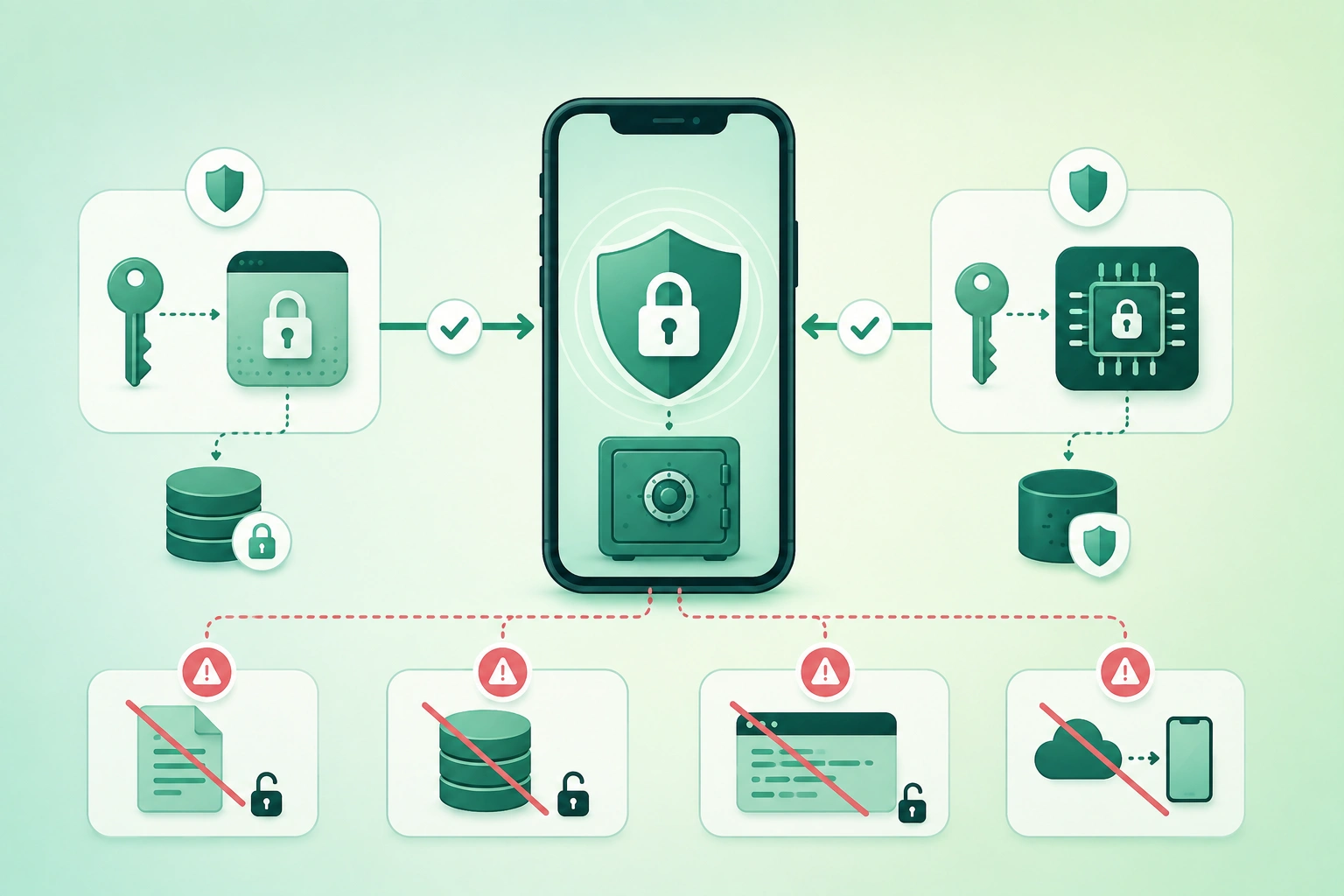 Diagram-style illustration of secure mobile application storage comparing iOS Keychain and Android Keystore, showing access tokens, refresh tokens, cryptographic keys, encrypted local databases, hardware-backed key protection, biometric authorization, backups, logout, rotation, and secure deletion