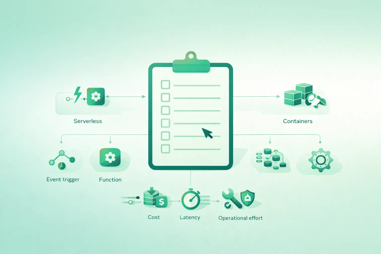 Diagram-style comparison of a serverless function behind an API gateway versus a container service behind a load balancer