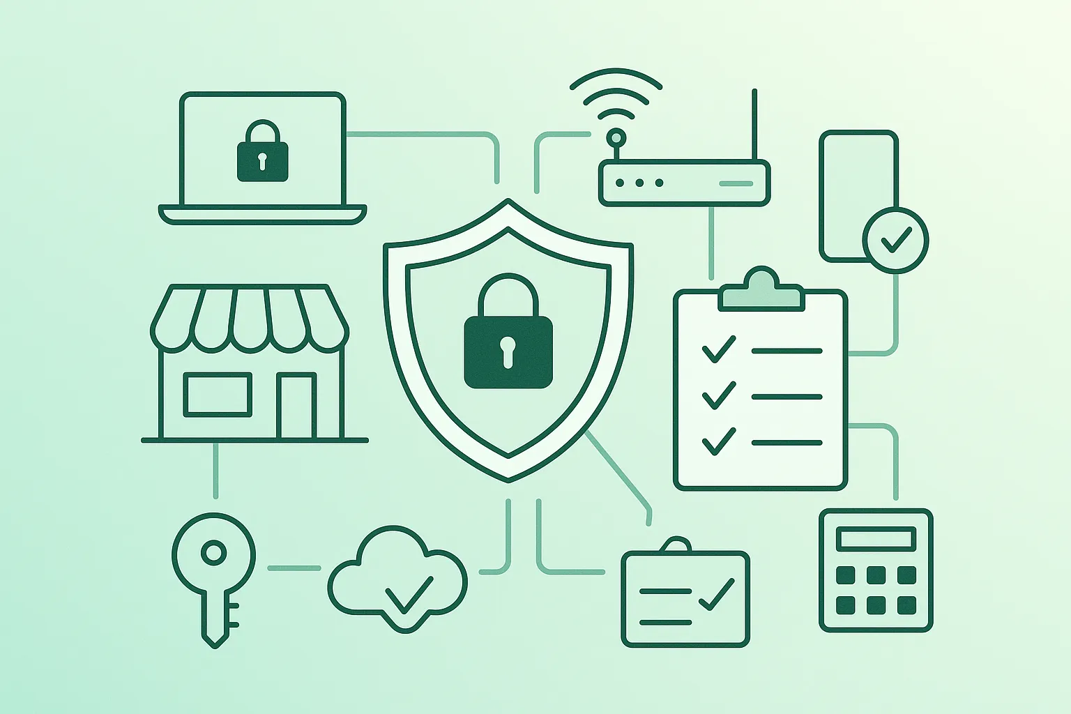 Illustration of small business cybersecurity checklist: MFA, backups, patching, phishing defense, and incident response