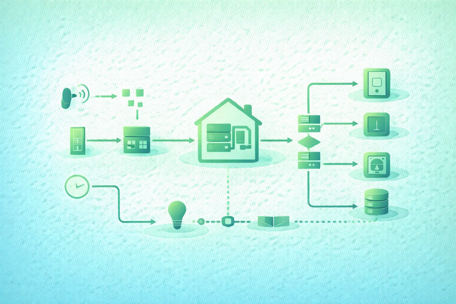 Diagram-style illustration of reliable smart home automation showing sensors, local hub, trigger evaluation, conditions, device commands, acknowledgement, timeout and retry logic, manual overrides, offline operation, safe fallback states, watchdog monitoring, and optional cloud services