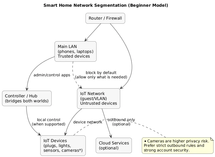 Smart home network segmentation diagram: router with main LAN and IoT VLAN/guest, controller/hub allowed to reach devices, limited device access to LAN