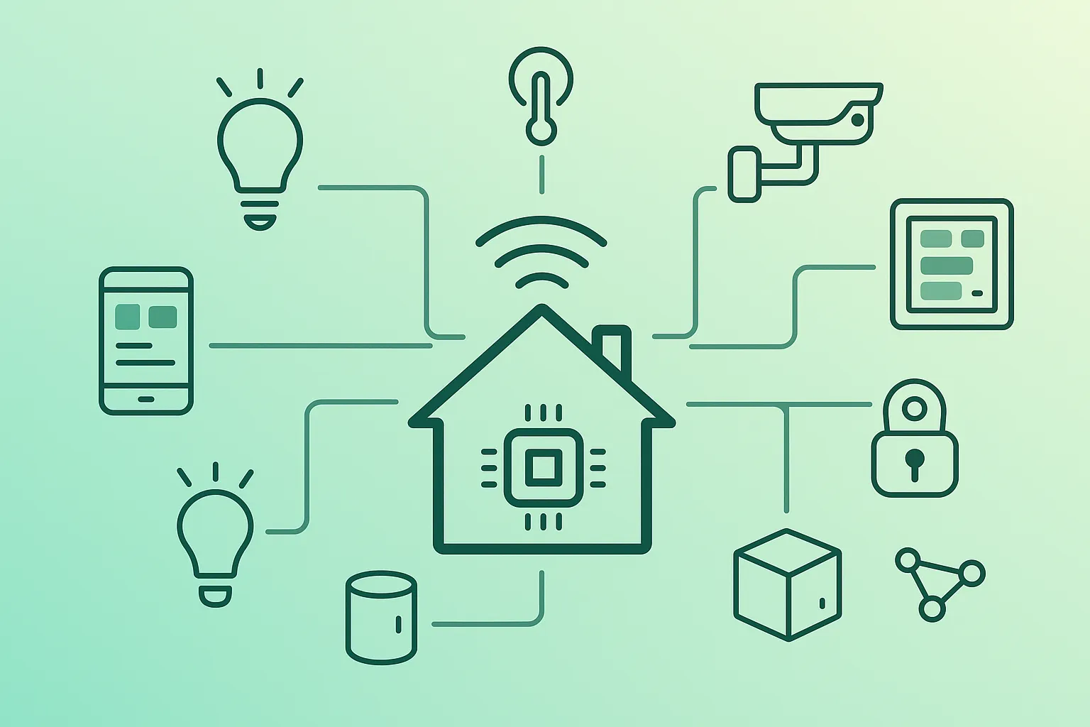 Diagram-style illustration of a smart home: hub/controller, sensors, lights, locks, and automations across Matter, Thread, Zigbee, Z-Wave, and Wi-Fi