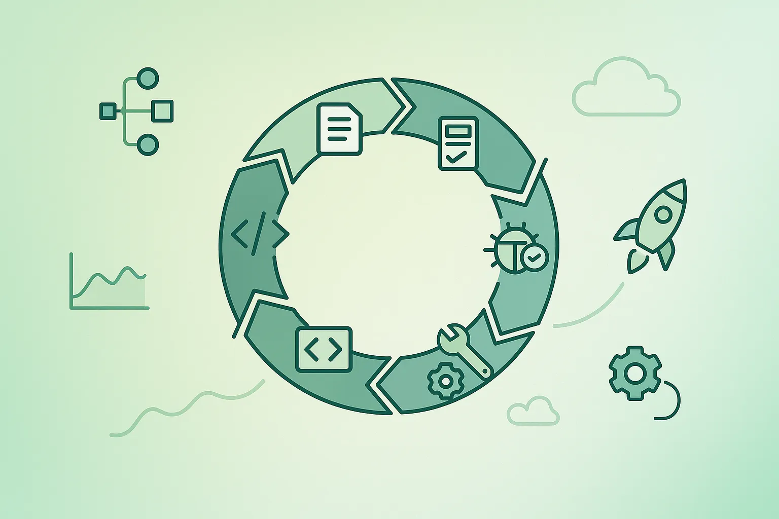 Illustration of a software development life cycle with phases from idea to maintenance
