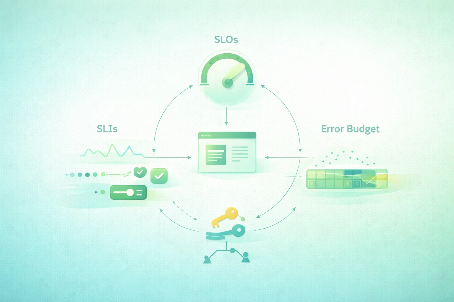 Diagram-style illustration of practical site reliability engineering showing user requests becoming service level indicators, SLO targets, error budget calculations, burn-rate monitoring, alerts, reliability work, feature releases, and feedback into future SLO decisions