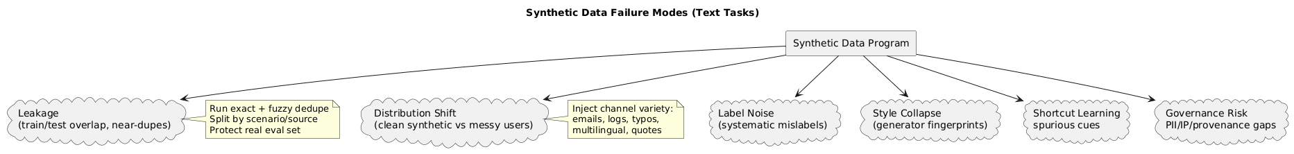 Diagram of synthetic data failure modes: distribution shift, label noise, leakage, style collapse, shortcut learning, and governance issues