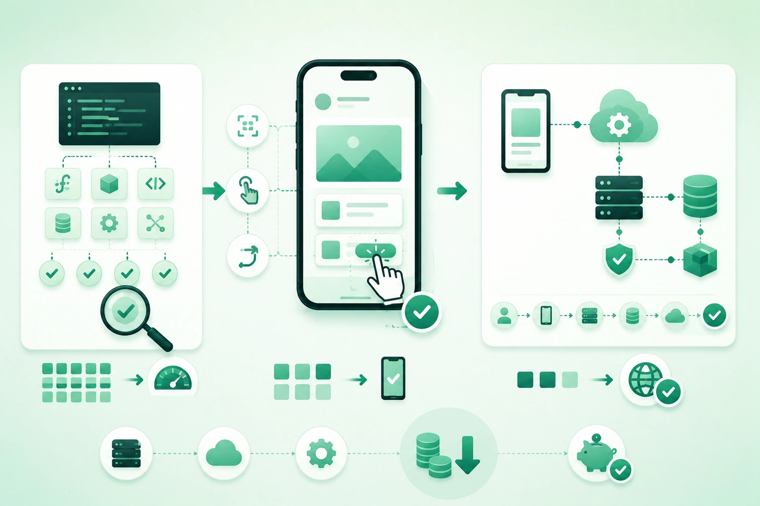 Diagram-style illustration of a budget mobile testing strategy showing many fast unit tests, integration tests, UI tests, a small end-to-end suite, Android emulators, iOS simulators, selected physical devices, CI pipelines, test data, mock services, and release smoke tests