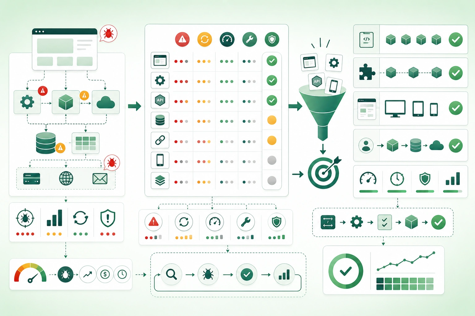 Diagram-style illustration of a practical software testing strategy showing risk assessment, unit tests, integration tests, API tests, UI tests, end-to-end tests, regression coverage, continuous integration, production monitoring, and automation priorities