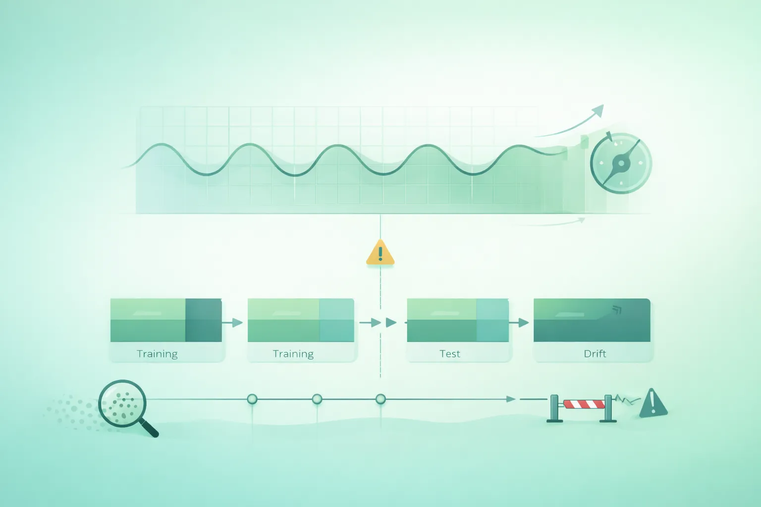 Diagram-style illustration of realistic time series backtesting showing chronological training and test windows, rolling-origin forecasts, seasonal patterns, drift, forecast horizons, baseline models, leakage prevention, and error monitoring over time
