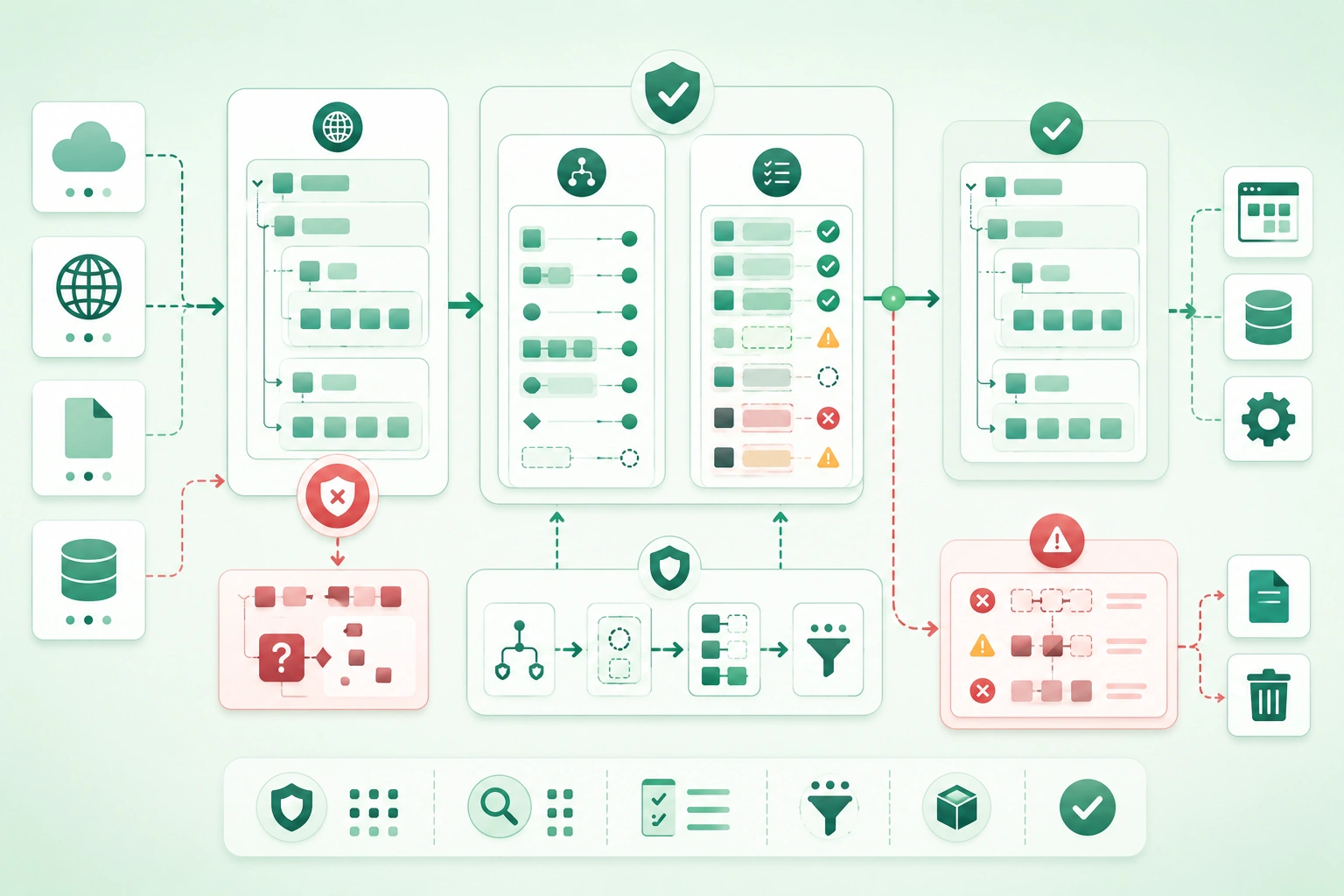 Diagram-style illustration of safe JSON processing showing incoming bytes, parsing, duplicate-key handling, structural validation, JSON Schema, semantic validation, business rules, typed application objects, size and depth limits, error responses, and defensive API boundaries