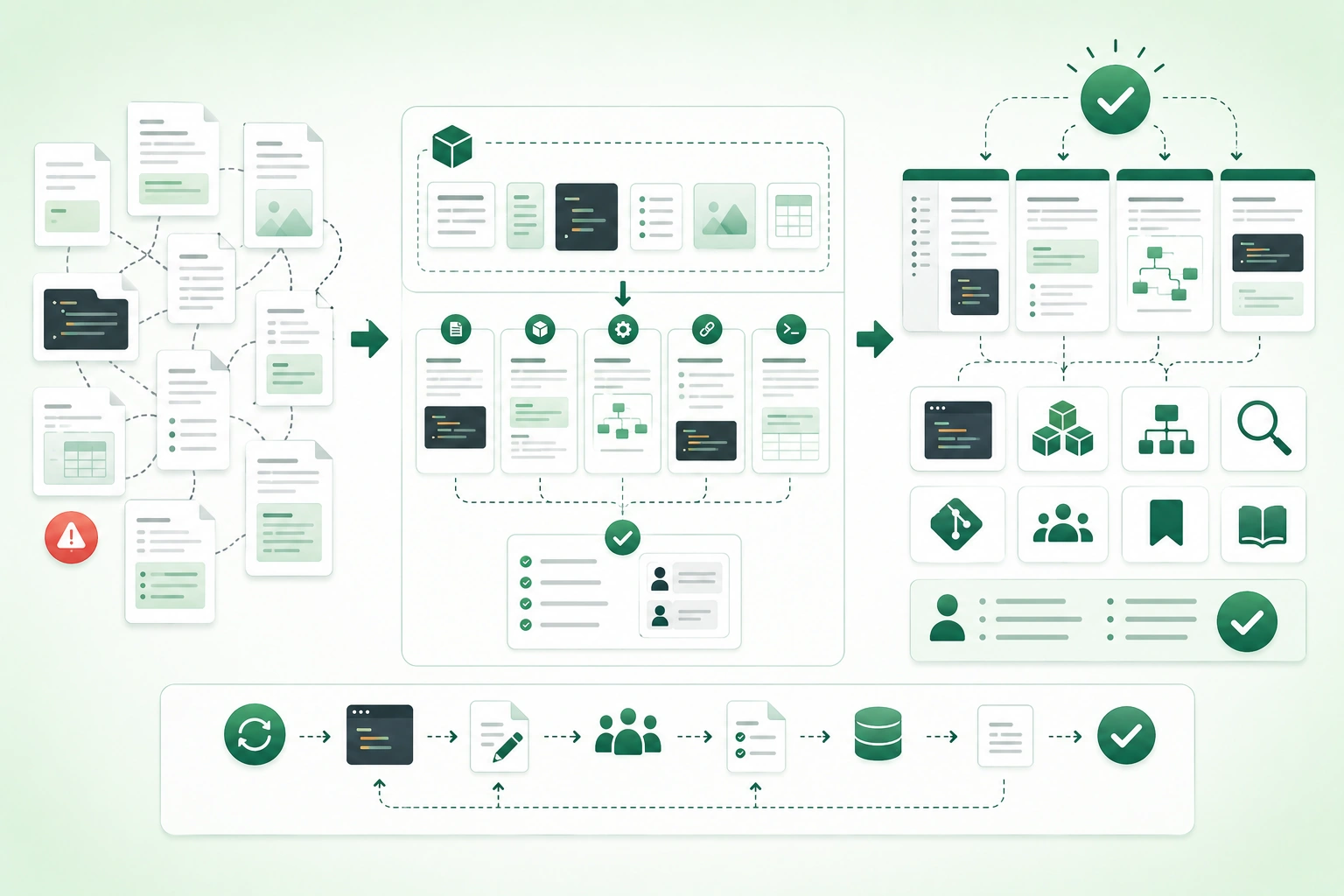 Diagram-style illustration of useful developer documentation showing documentation goals, audience, README files, setup guides, API docs, runbooks, architecture decisions, troubleshooting, code examples, review, ownership, and updates alongside code